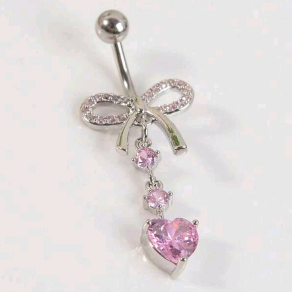 Pink Rhinestone Bow With Dangling Rounds & Heart Bellybutton Ring Jewelry (OS) - Picture 2 of 8